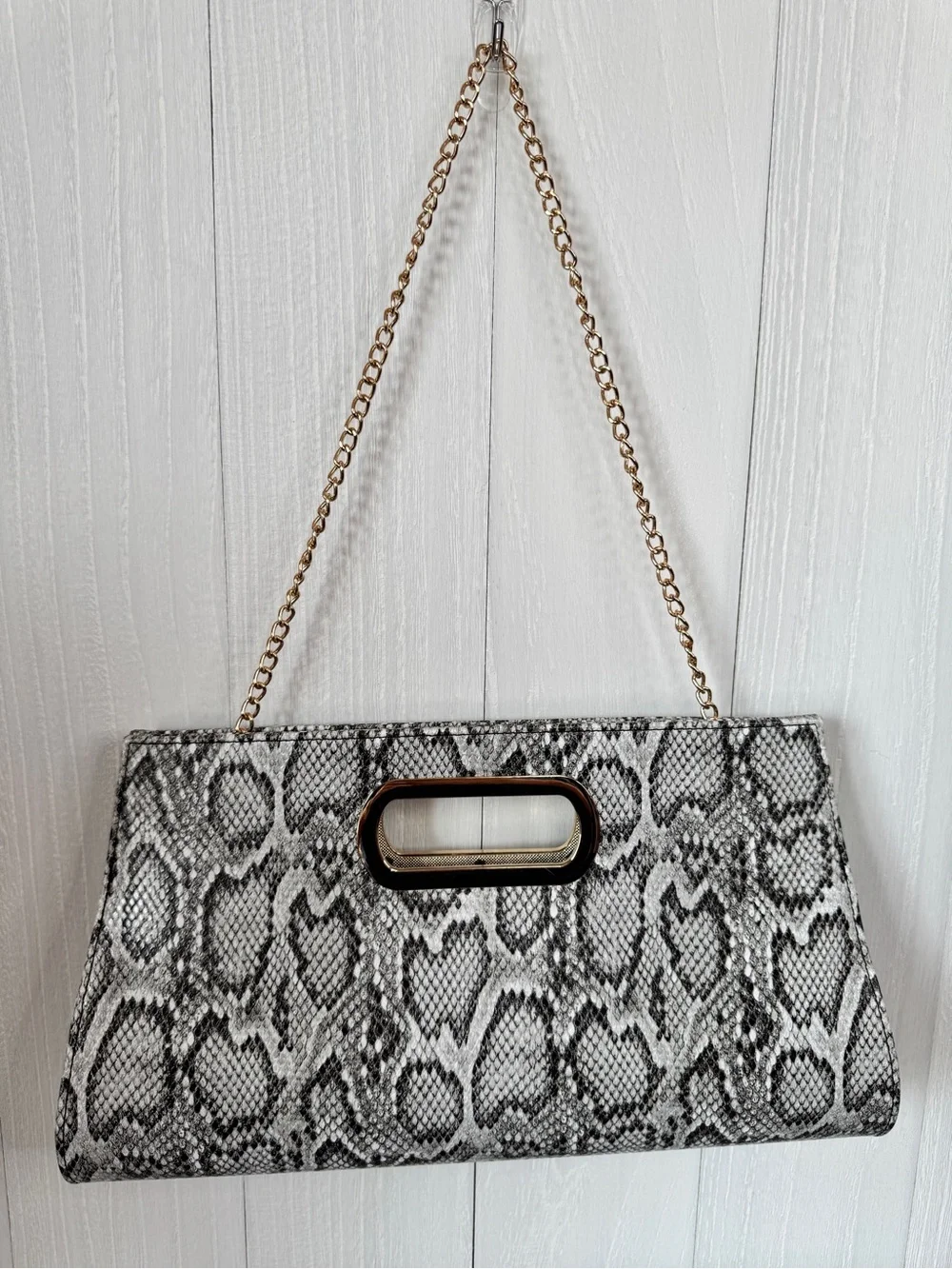 Snake-Print Chain Handle Clutch - Black & White